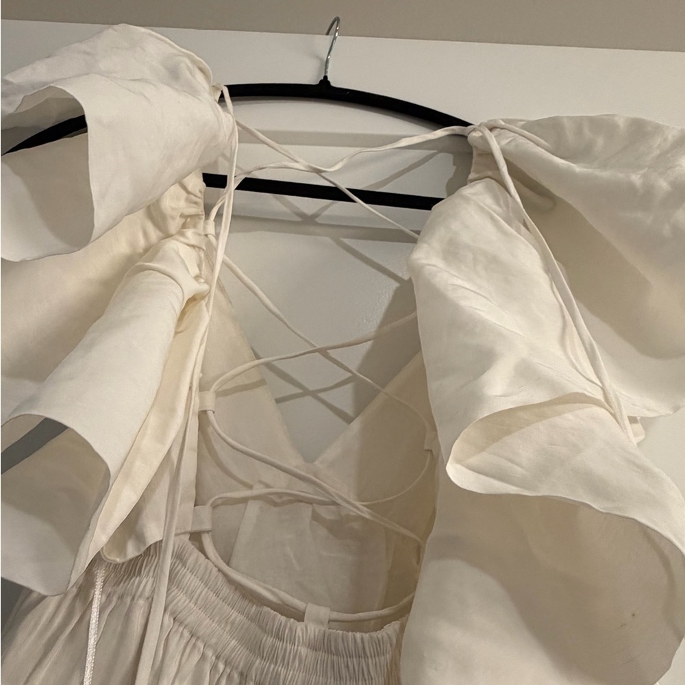 New La Ligne Stella Ruffle Shoulder Open back Linen Blend Midi Dress - Picture 5 of 14